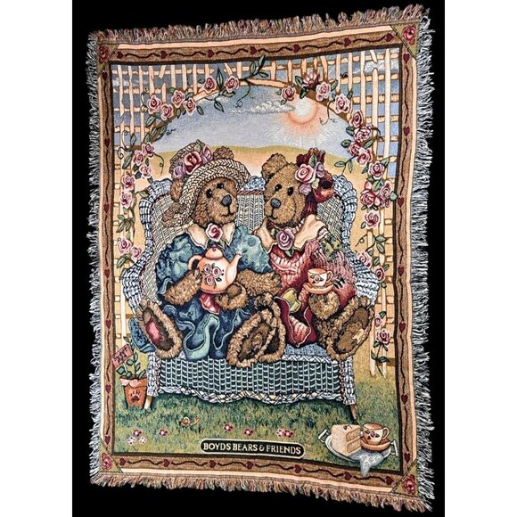 Vintage Boyds Bears & Friends Woven Tapestry Throw Blanket Garden Tea Party MWW - Picture 1 of 10
